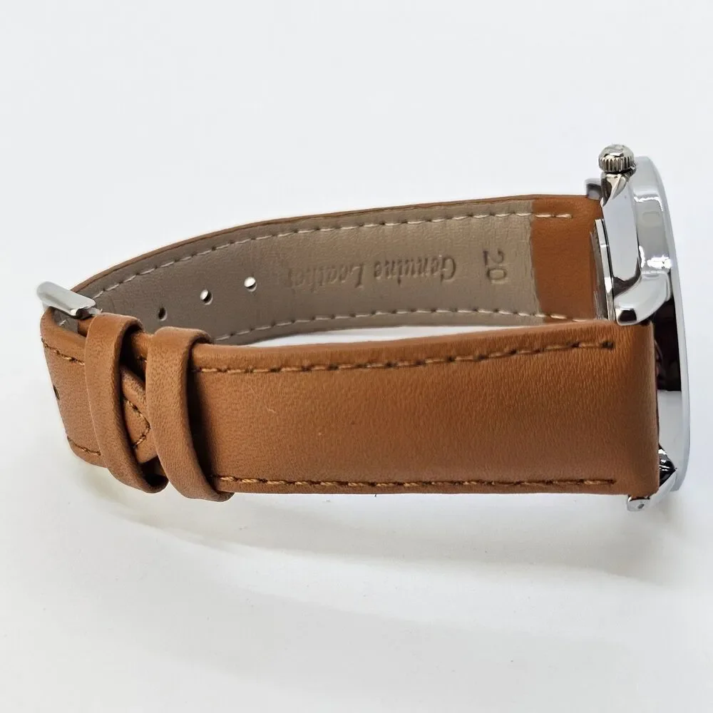 Men's Watch Minimalist 40MM Gray Case Blue Dial Date Light‎ Brown Leather Straps